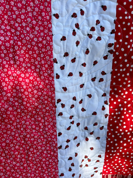 Red and Black Baby Elephant and Ladybug Quilt | Handmade Crib Quilt | 48"x50" Handmade Baby Shower Gift Baby Girl | Two-sided Girl Blanket - Quilts a la Mode