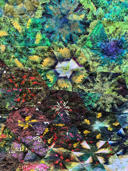 Forest Scene and Abstract Geometric w/ Black Background | Serene Landscape Double-Sided Throw Quilt | Unique Artistic Expression | 53”x74” - Quilts a la Mode