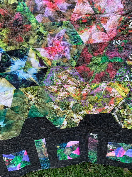 Forest Scene and Abstract Geometric w/ Black Background | Serene Landscape Double-Sided Throw Quilt | Unique Artistic Expression | 53”x74” - Quilts a la Mode