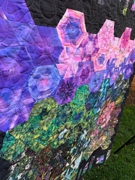 Forest Scene and Abstract Geometric w/ Black Background | Serene Landscape Double-Sided Throw Quilt | Unique Artistic Expression | 53”x74” - Quilts a la Mode