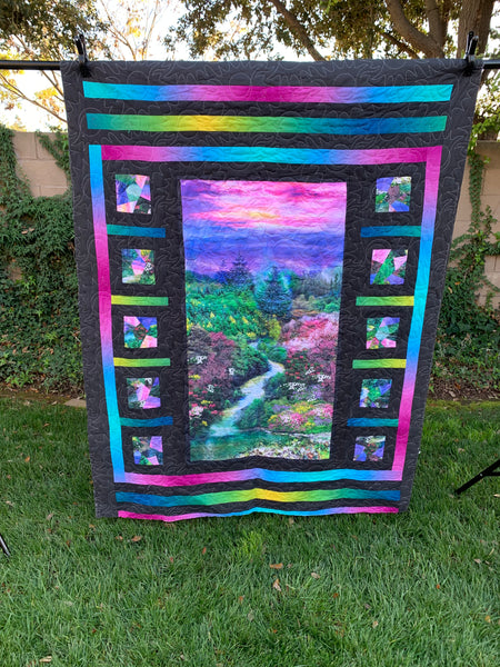 Forest Scene and Abstract Geometric w/ Black Background | Serene Landscape Double-Sided Throw Quilt | Unique Artistic Expression | 53”x74” - Quilts a la Mode