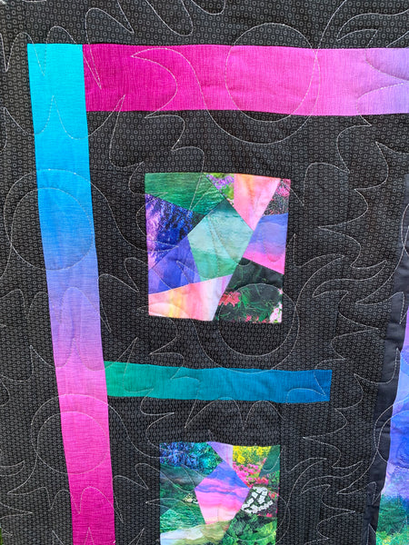Forest Scene and Abstract Geometric w/ Black Background | Serene Landscape Double-Sided Throw Quilt | Unique Artistic Expression | 53”x74” - Quilts a la Mode
