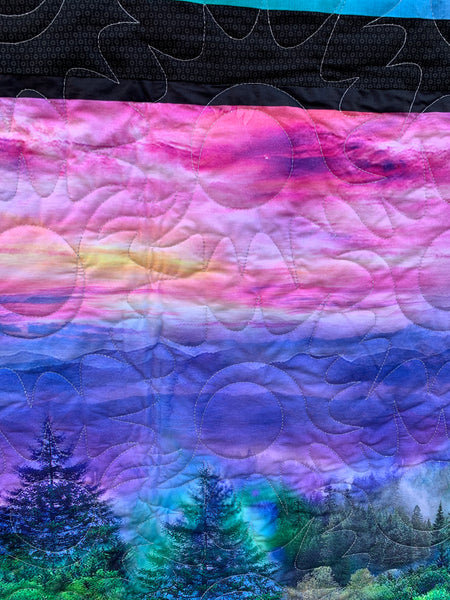 Forest Scene and Abstract Geometric w/ Black Background | Serene Landscape Double-Sided Throw Quilt | Unique Artistic Expression | 53”x74” - Quilts a la Mode