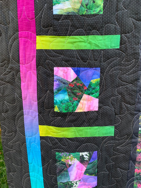 Forest Scene and Abstract Geometric w/ Black Background | Serene Landscape Double-Sided Throw Quilt | Unique Artistic Expression | 53”x74” - Quilts a la Mode