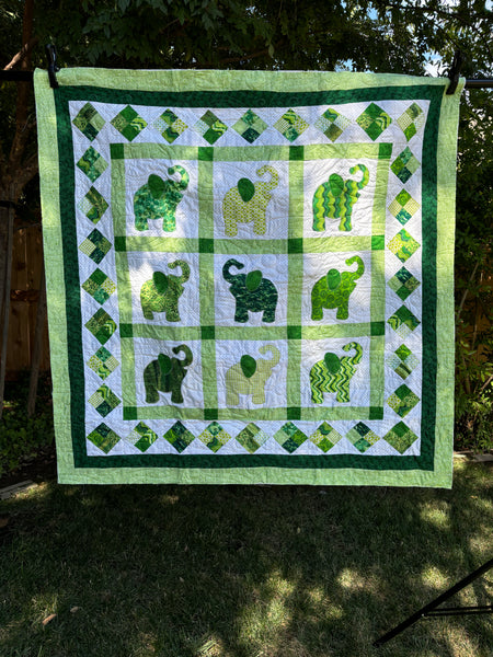 Two-sided Green Elephants Baby or Crib Sized Quilt | 51"x52" with Gray Quilting |  Baby Boy or Girl Shower Gift | Baby Animal Nursery Decor - Quilts a la Mode