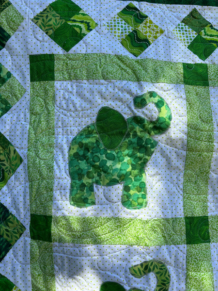 Two-sided Green Elephants Baby or Crib Sized Quilt | 51"x52" with Gray Quilting |  Baby Boy or Girl Shower Gift | Baby Animal Nursery Decor - Quilts a la Mode