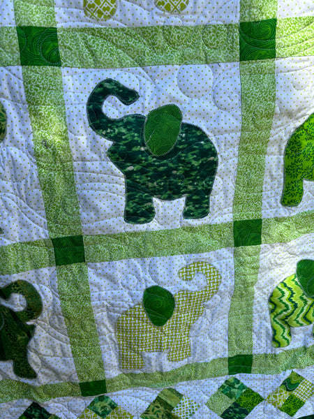 Two-sided Green Elephants Baby or Crib Sized Quilt | 51"x52" with Gray Quilting |  Baby Boy or Girl Shower Gift | Baby Animal Nursery Decor - Quilts a la Mode