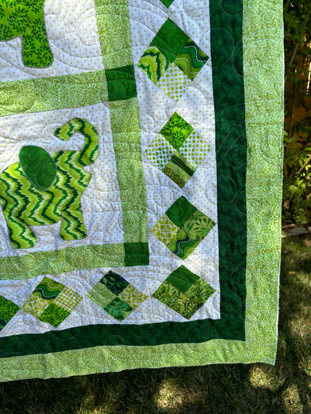 Two-sided Green Elephants Baby or Crib Sized Quilt | 51"x52" with Gray Quilting |  Baby Boy or Girl Shower Gift | Baby Animal Nursery Decor - Quilts a la Mode