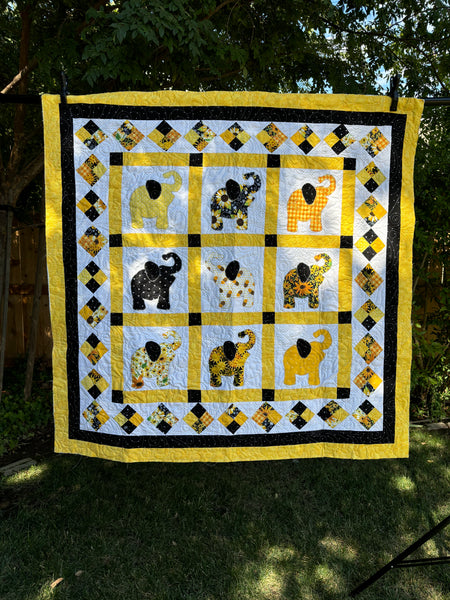 Two-Sided Black and Yellow Elephant Crib Quilt | You Are My Sunshine Baby Quilt | Sunflower Yellow, Black, White Handmade Baby Quilt 51"x51" - Quilts a la Mode