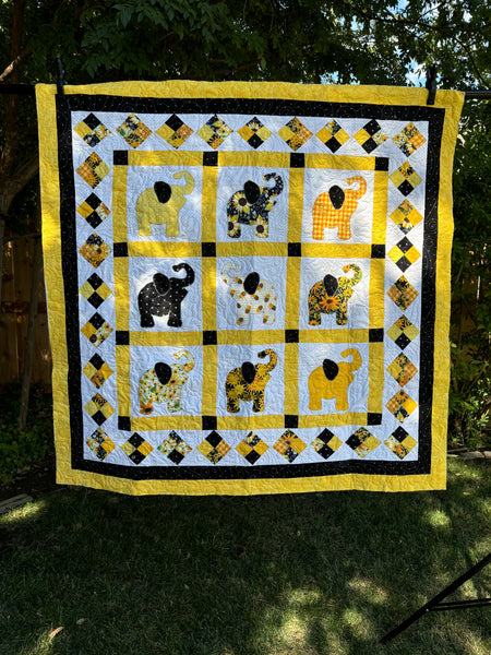 Two-Sided Black and Yellow Elephant Crib Quilt | You Are My Sunshine Baby Quilt | Sunflower Yellow, Black, White Handmade Baby Quilt 51"x51" - Quilts a la Mode
