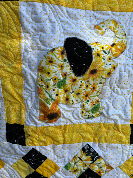 Two-Sided Black and Yellow Elephant Crib Quilt | You Are My Sunshine Baby Quilt | Sunflower Yellow, Black, White Handmade Baby Quilt 51"x51" - Quilts a la Mode