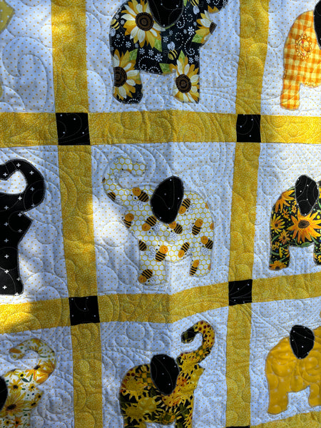 Two-Sided Black and Yellow Elephant Crib Quilt | You Are My Sunshine Baby Quilt | Sunflower Yellow, Black, White Handmade Baby Quilt 51"x51" - Quilts a la Mode