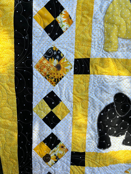 Two-Sided Black and Yellow Elephant Crib Quilt | You Are My Sunshine Baby Quilt | Sunflower Yellow, Black, White Handmade Baby Quilt 51"x51" - Quilts a la Mode