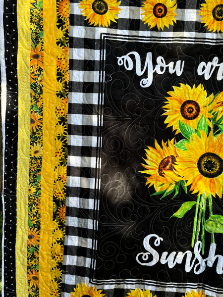 Two-Sided Black and Yellow Elephant Crib Quilt | You Are My Sunshine Baby Quilt | Sunflower Yellow, Black, White Handmade Baby Quilt 51"x51" - Quilts a la Mode