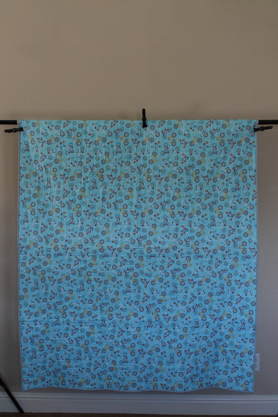 Blue Handmade Boy Quilt | Boy Bedroom Decor | handmade Boy GiftBlue Bike Modern Quilt Throw | Short Twin | Boy's Decor | Bike Lover Gift - Quilts a la Mode