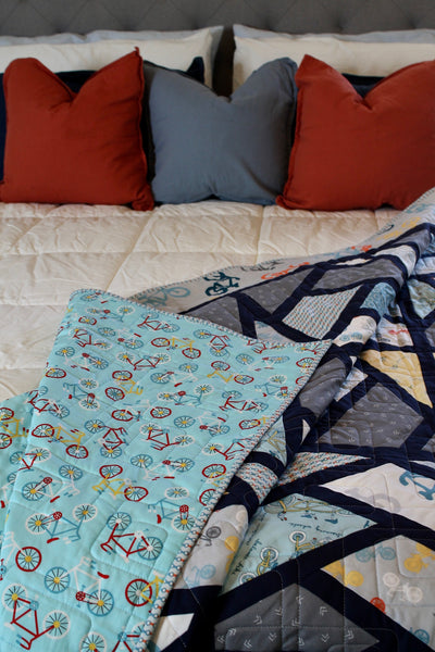 Blue Handmade Boy Quilt | Boy Bedroom Decor | handmade Boy GiftBlue Bike Modern Quilt Throw | Short Twin | Boy's Decor | Bike Lover Gift - Quilts a la Mode