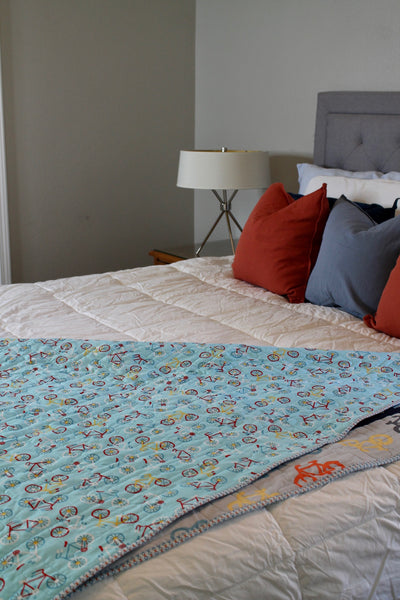 Blue Handmade Boy Quilt | Boy Bedroom Decor | handmade Boy GiftBlue Bike Modern Quilt Throw | Short Twin | Boy's Decor | Bike Lover Gift - Quilts a la Mode