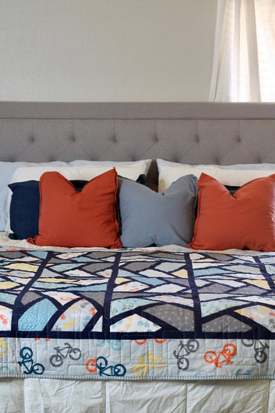 Blue Handmade Boy Quilt | Boy Bedroom Decor | handmade Boy GiftBlue Bike Modern Quilt Throw | Short Twin | Boy's Decor | Bike Lover Gift - Quilts a la Mode