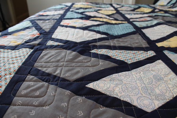 Blue Handmade Boy Quilt | Boy Bedroom Decor | handmade Boy GiftBlue Bike Modern Quilt Throw | Short Twin | Boy's Decor | Bike Lover Gift - Quilts a la Mode