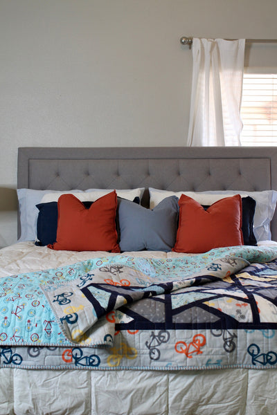 Blue Handmade Boy Quilt | Boy Bedroom Decor | handmade Boy GiftBlue Bike Modern Quilt Throw | Short Twin | Boy's Decor | Bike Lover Gift - Quilts a la Mode