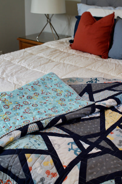 Blue Handmade Boy Quilt | Boy Bedroom Decor | handmade Boy GiftBlue Bike Modern Quilt Throw | Short Twin | Boy's Decor | Bike Lover Gift - Quilts a la Mode