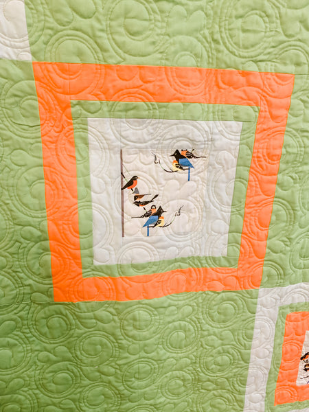 Blue Green Mid Century Modern Bird Throw Quilt - Quilts a la Mode