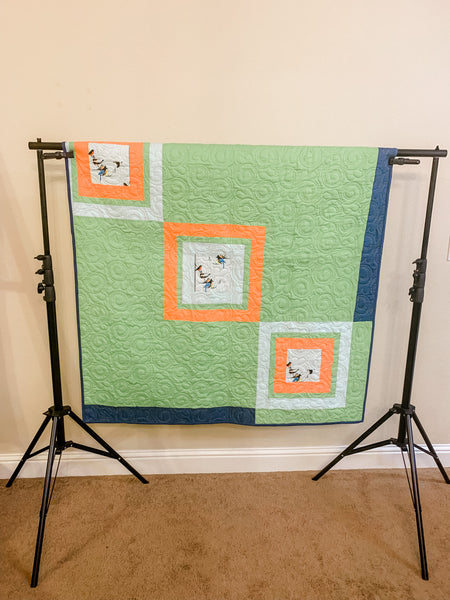 Blue Green Mid Century Modern Bird Throw Quilt - Quilts a la Mode