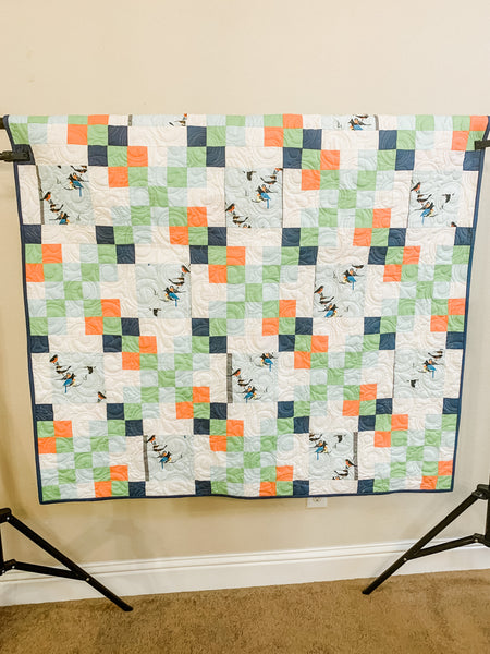 Blue Green Mid Century Modern Bird Throw Quilt - Quilts a la Mode