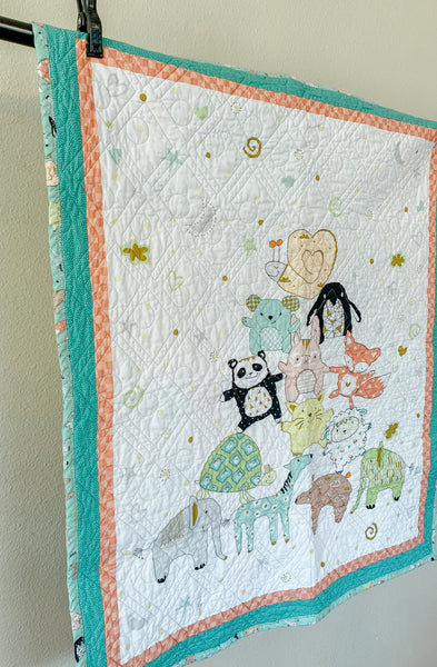 Teal and Orange Baby Animal Pyramid Baby Quilt - Quilts a la Mode
