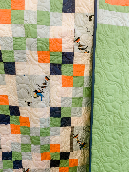 Blue Green Mid Century Modern Bird Throw Quilt - Quilts a la Mode