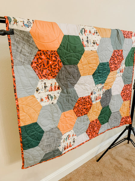 Alice in Wonderland Gray and Gold Baby Quilt - Quilts a la Mode