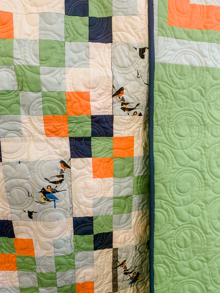 Blue Green Mid Century Modern Bird Throw Quilt - Quilts a la Mode