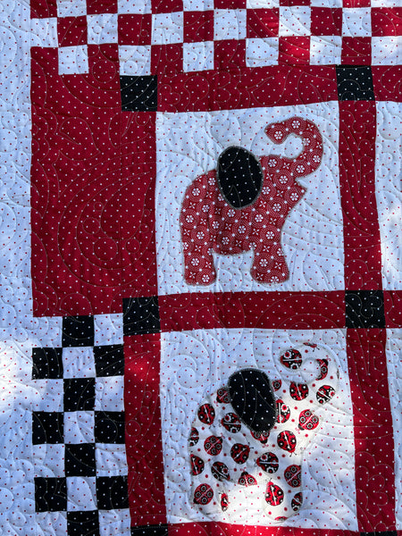 Red and Black Baby Elephant and Ladybug Quilt | Handmade Crib Quilt | 48"x50" Handmade Baby Shower Gift Baby Girl | Two-sided Girl Blanket