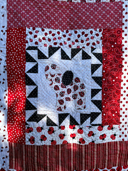 Red and Black Baby Elephant and Ladybug Quilt | Handmade Crib Quilt | 48"x50" Handmade Baby Shower Gift Baby Girl | Two-sided Girl Blanket