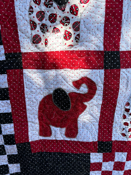 Red and Black Baby Elephant and Ladybug Quilt | Handmade Crib Quilt | 48"x50" Handmade Baby Shower Gift Baby Girl | Two-sided Girl Blanket