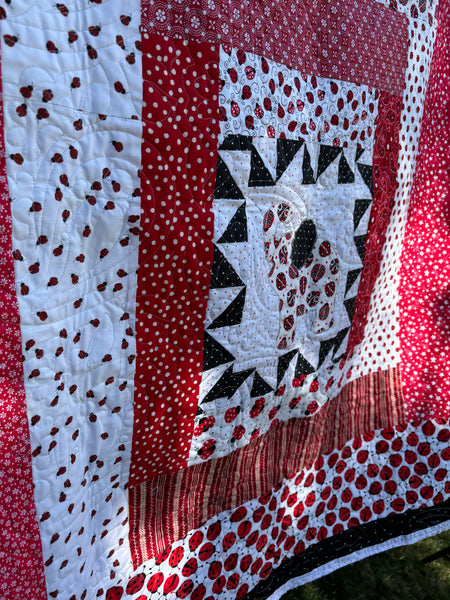 Red and Black Baby Elephant and Ladybug Quilt | Handmade Crib Quilt | 48"x50" Handmade Baby Shower Gift Baby Girl | Two-sided Girl Blanket