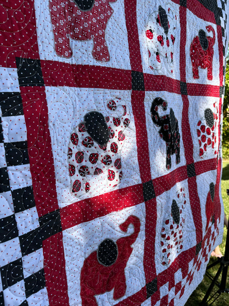 Red and Black Baby Elephant and Ladybug Quilt | Handmade Crib Quilt | 48"x50" Handmade Baby Shower Gift Baby Girl | Two-sided Girl Blanket