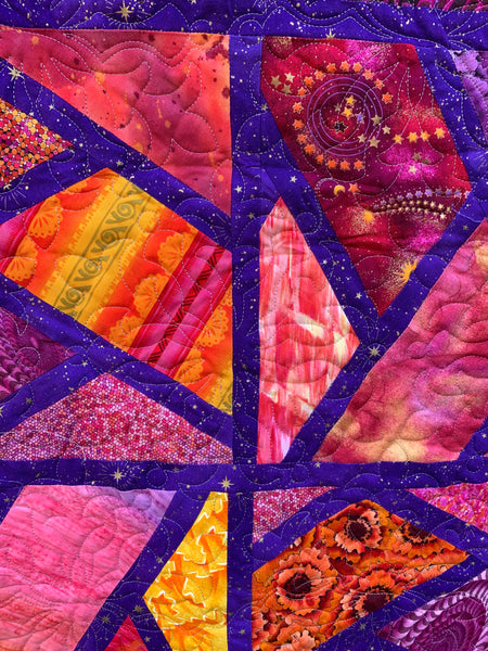Half Hexi Squares in Purple and Orange Sunset Hues Geometric Quilt | Star Medallion Quilting | Dual-Design Comfort | Size 50”x74” - Quilts a la Mode