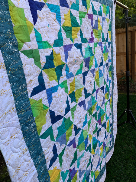 Moroccan Tiles and Kaleidoscope of Wonders Throw/Crib Quilt | Two-Sided Design with Gray Quilting | Feather & Circle Patterns | Size 50”x63” - Quilts a la Mode