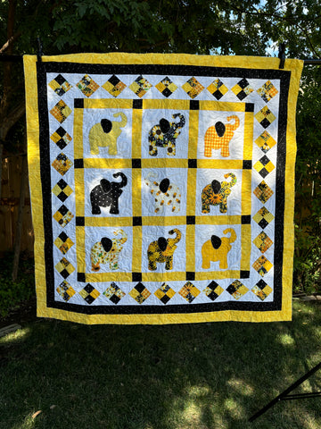 Two-Sided Black and Yellow Elephant Crib Quilt | You Are My Sunshine Baby Quilt | Sunflower Yellow, Black, White Handmade Baby Quilt 51"x51"