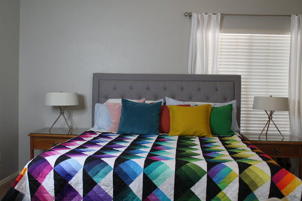 Rainbow Peaks and Valleys and Pinwheels Ombre Two Sided Queen Size Handmade Bed Quilt | Black Quilt | Rainbow Ombre Quilt | Home Decor - Quilts a la Mode