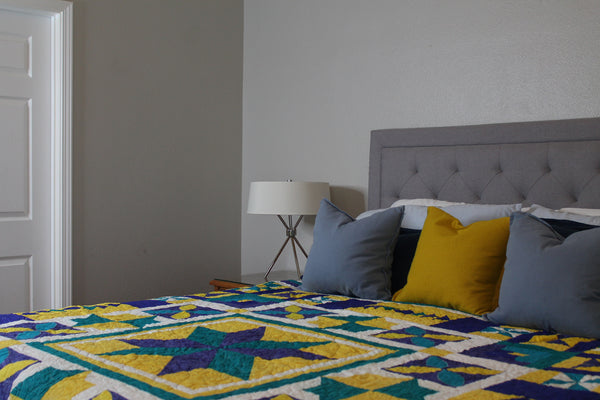 Vibrant Serenity: Yellow Blue Teal Two-Sided Sampler Quilt - Queen Size 79"x81" - Gray Floral Loop Quilting Pattern - Perfect Gift for Mom and Home Decor - Quilts a la Mode