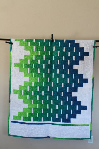 Handmade Blue Green Ombre Throw Quilt |  53"x65" with Grey Earth Elements Quilting. Modern Tree Design | Black White Background | Home Decor - Quilts a la Mode