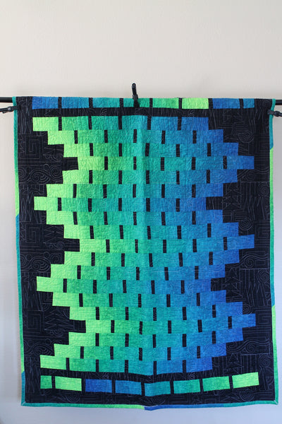 Handmade Blue Green Ombre Throw Quilt |  53"x65" with Grey Earth Elements Quilting. Modern Tree Design | Black White Background | Home Decor - Quilts a la Mode