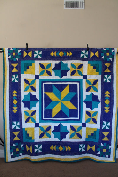 Vibrant Serenity: Yellow Blue Teal Two-Sided Sampler Quilt - Queen Size 79"x81" - Gray Floral Loop Quilting Pattern - Perfect Gift for Mom and Home Decor - Quilts a la Mode