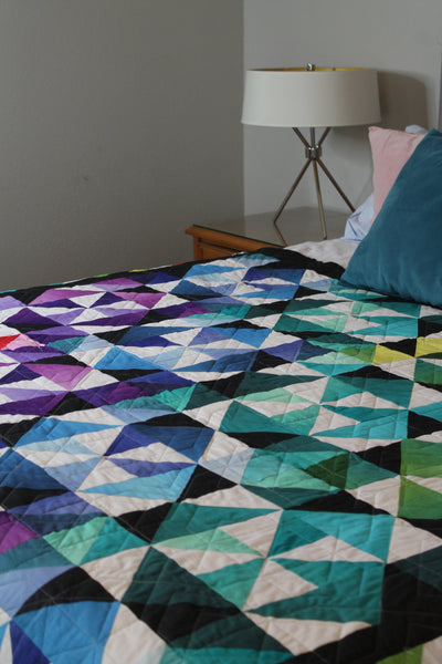 Rainbow Peaks and Valleys and Pinwheels Ombre Two Sided Queen Size Handmade Bed Quilt | Black Quilt | Rainbow Ombre Quilt | Home Decor - Quilts a la Mode