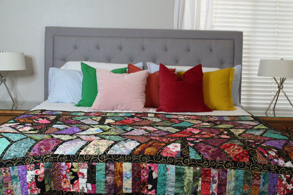 Japanese style multicolor quilt | Geometric Japanese Quilt | Homemade Quilt | Throw Quilt | Home Decor | Black Quilt | Wedding Gift - Quilts a la Mode
