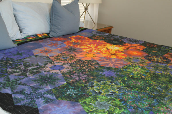 Modern octagonal woodland panel handmade artistic bed size quilt | Bear Quilt | Black Bed Quilt | Nature Quilt | Two Sided Quilt |Home Decor - Quilts a la Mode