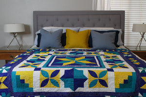 Vibrant Serenity: Yellow Blue Teal Two-Sided Sampler Quilt - Queen Size 79"x81" - Gray Floral Loop Quilting Pattern - Perfect Gift for Mom and Home Decor - Quilts a la Mode