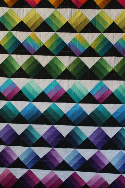 Rainbow Peaks and Valleys and Pinwheels Ombre Two Sided Queen Size Handmade Bed Quilt | Black Quilt | Rainbow Ombre Quilt | Home Decor - Quilts a la Mode